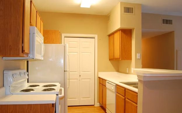 Modern kitchen with stainless steel appliances at Braunfels Place Apartments