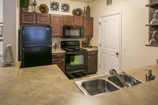 Modern kitchen with stainless steel appliances at Avana Sugar Land Apartments