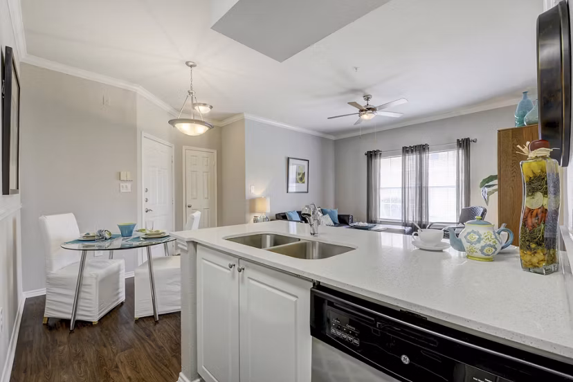 Modern kitchen with stainless steel appliances at Terrazzo Apartments featuring sleek cabinetry and granite countertops