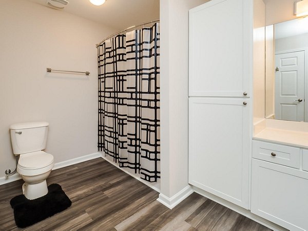 Bathroom with modern fixtures and large mirror at Patriots Pointe Apartments, a Greystar luxury apartment community