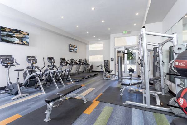 fitness center at 7166 at Belmar Apartments