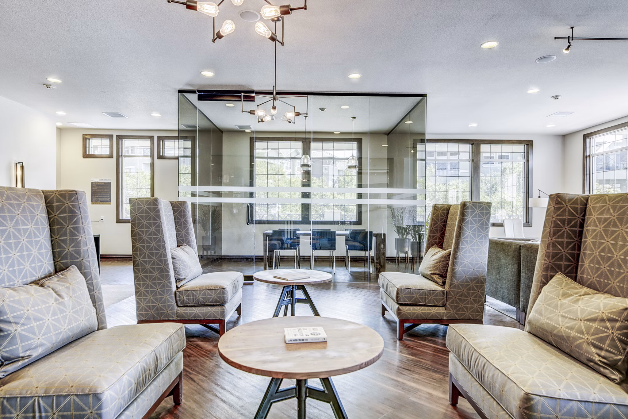 Modern clubhouse lobby with stylish seating at Waterford Lone Tree Apartments, featuring luxurious design and welcoming ambiance