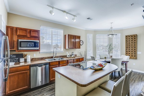 Modern kitchen with granite countertops and stainless steel appliances at Waterford Lone Tree Apartments