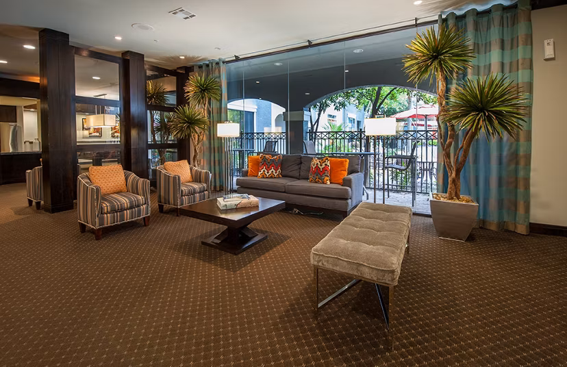 Elegant clubhouse featuring modern furnishings at Monaco at Main Apartments