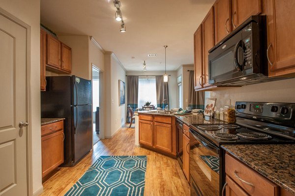 Modern kitchen featuring stainless steel appliances and granite countertops in Monaco at Main Apartments luxury community