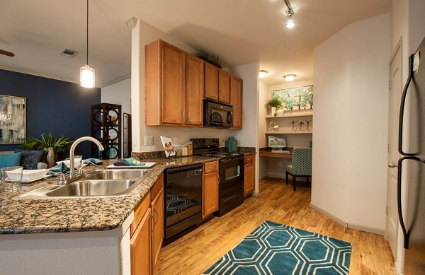 Modern kitchen with sleek countertops and stainless steel appliances at Monaco at Main Apartments