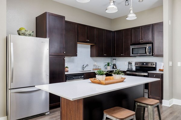Modern kitchen with stainless steel appliances and island counter at Haus 5350 Apartments
