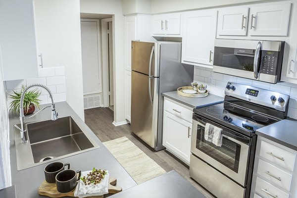 Modern kitchen with sleek cabinetry and stainless-steel appliances at Ottavo Apartments, a Greystar luxury community
