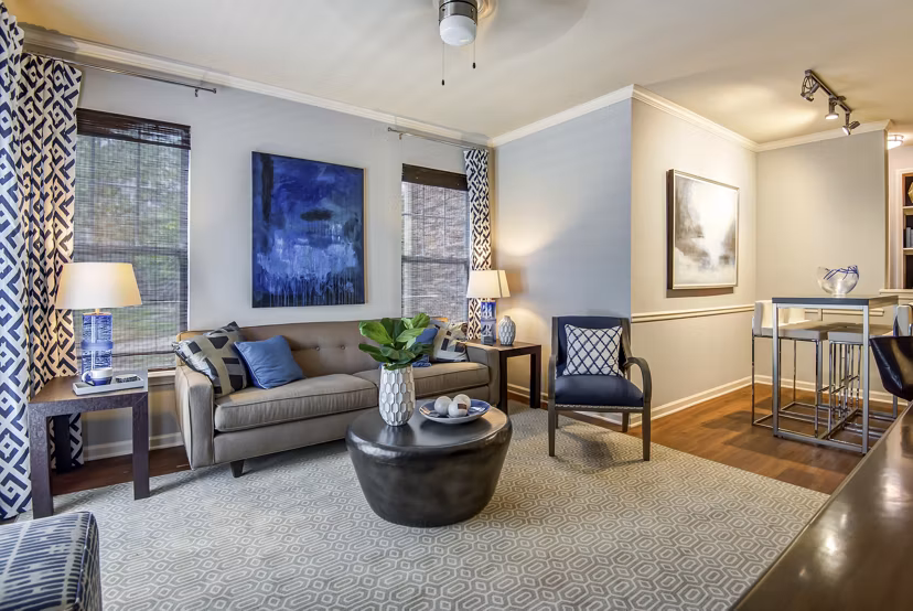 Spacious living room with modern decor at Garrett West Apartments in Durham, ideal for luxury apartment living