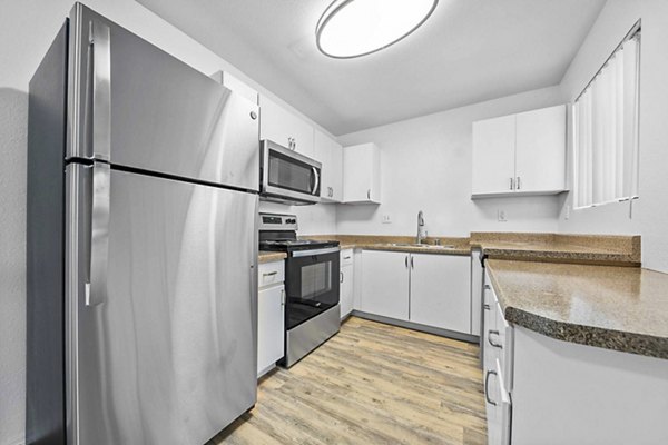 Modern kitchen with stainless steel appliances and marble countertops in The Colony Apartments