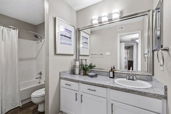Luxurious bathroom featuring marble countertops and modern fixtures in The Georgian Apartments