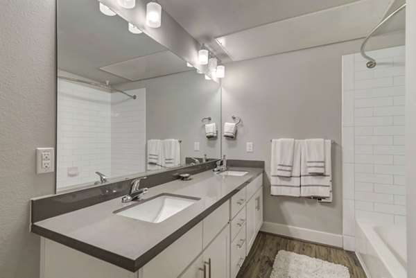 Bathroom with sleek fixtures and large mirror at Regal Parc Apartments, a luxury community in Cedar Park, TX.