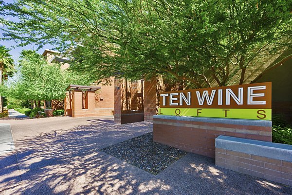 Ten Wine Lofts: Modern signage at contemporary luxury apartments in vibrant city locale