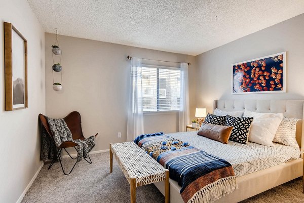 Elegant bedroom with modern dÃ©cor at Canyon Reserve at the Ranch Apartments