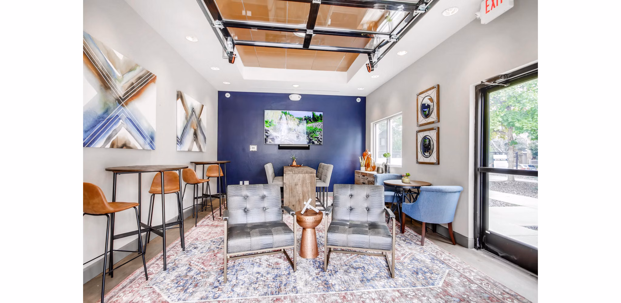 Modern clubhouse with elegant furnishings at Canyon Reserve at the Ranch Apartments