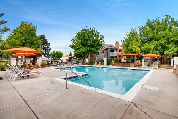 Luxurious pool area at Canyon Reserve at the Ranch Apartments, surrounded by lush greenery and stylish sun loungers