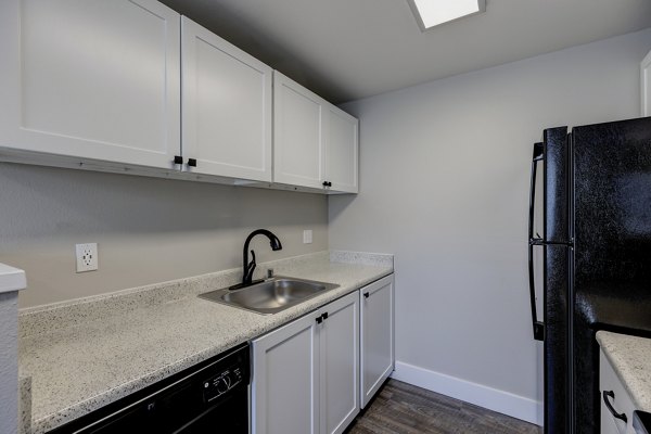 Modern kitchen with stainless steel appliances at Avana Star Lake Apartments, a Greystar property in a luxury setting