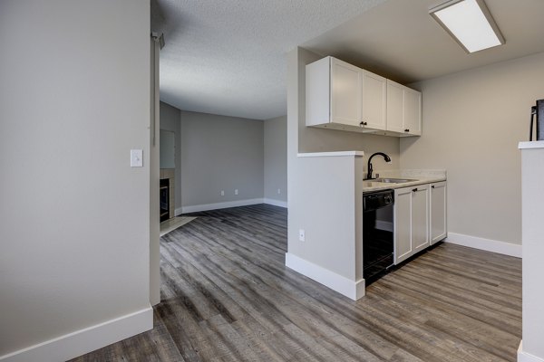 Modern kitchen with granite countertops and stainless steel appliances at Avana Star Lake Apartments