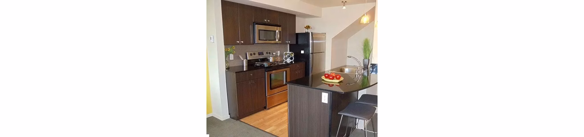 Modern kitchen with stainless steel appliances at On the Park Apartments, luxury living in the heart of downtown