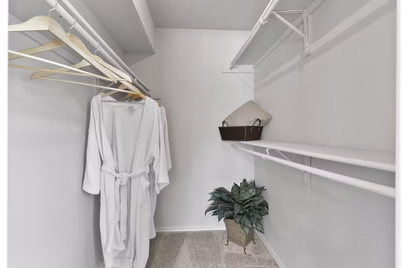 Modern closet space featuring ample storage options in Creekwood Apartments