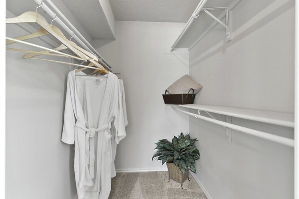 Modern closet space featuring ample storage options in Creekwood Apartments