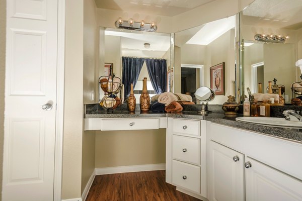 Modern bathroom with sleek fixtures at Broadwater Apartments: luxury living space in prime location