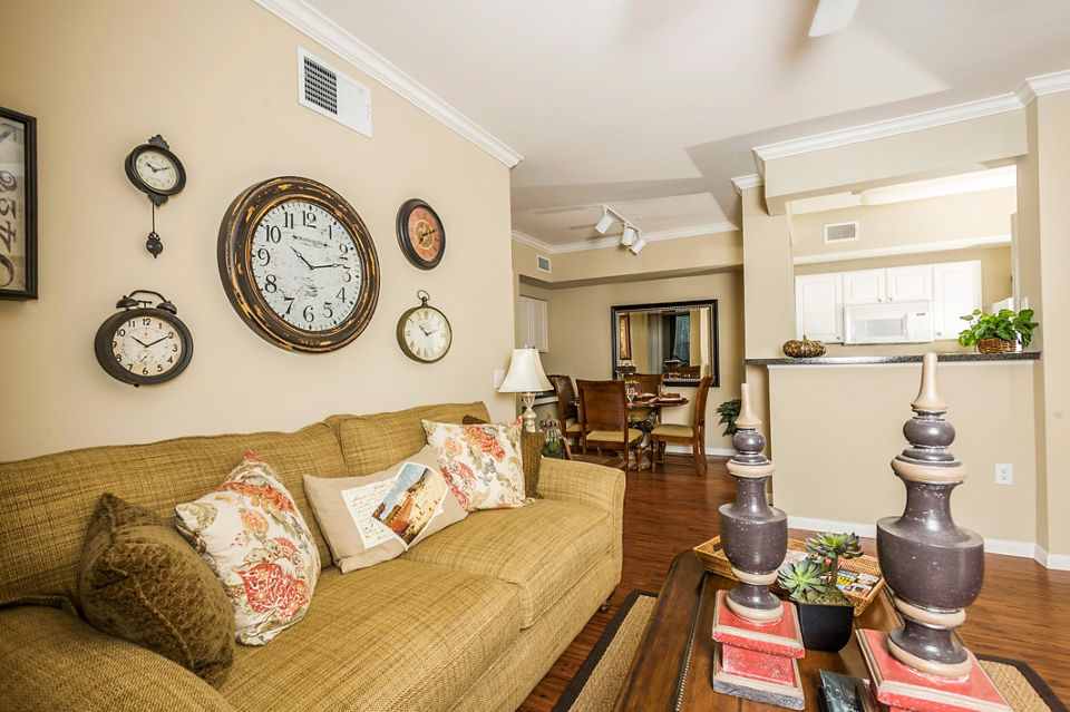 Modern living room with plush seating and natural light in Broadwater Apartments
