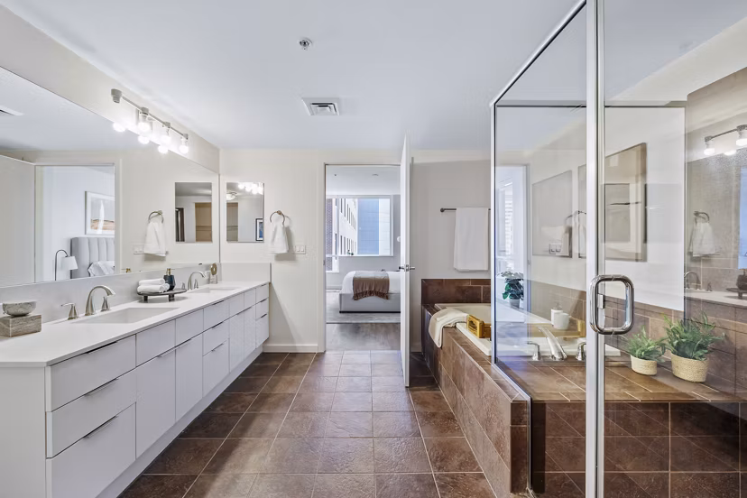 Modern bathroom with stylish fixtures at 44 Monroe Apartments in downtown Phoenix
