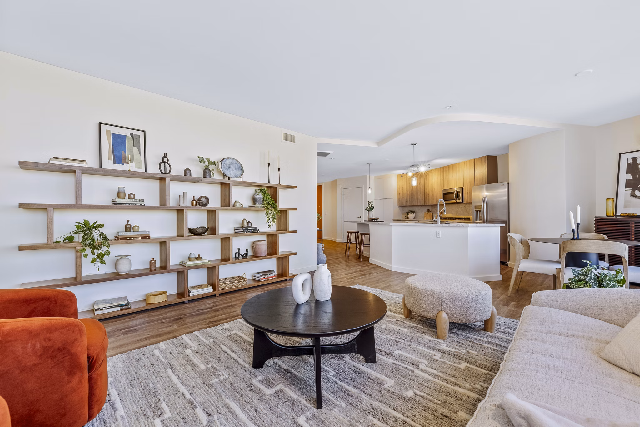 Spacious living room with modern furnishings at 44 Monroe Apartments, a Greystar luxury property in the heart of the city