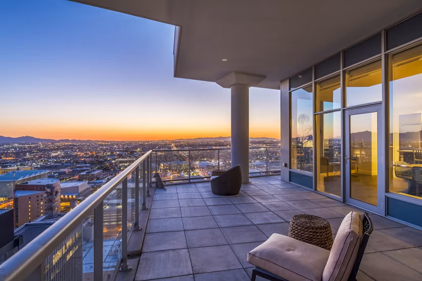 Patio with seating and skyline views at 44 Monroe Apartments, luxury high-rise in downtown Phoenix