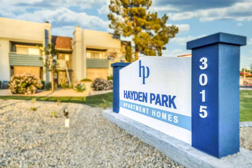 Hayden Park Apartments: Signage of luxury apartments with landscaped grounds