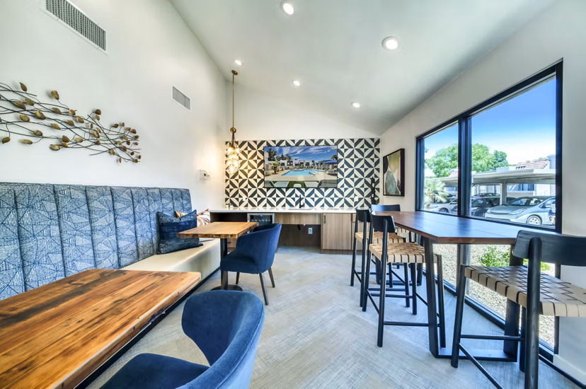 Clubhouse lobby with contemporary furnishings at Hayden Park Apartments