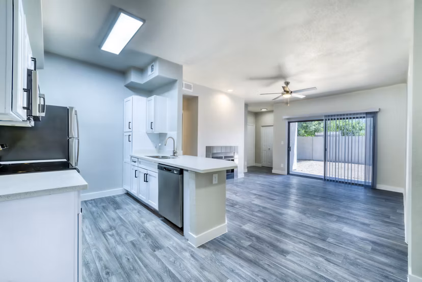 Modern kitchen with stainless steel appliances at Hayden Park Apartments