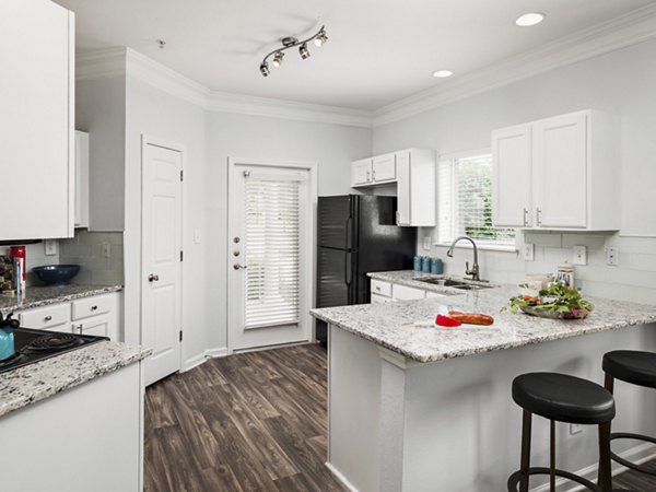 Modern kitchen with sleek countertops and stainless steel appliances in Mandalay Villas Apartments