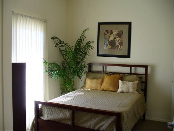 Bedroom featuring modern design and large windows at Raincross Senior Village Apartments