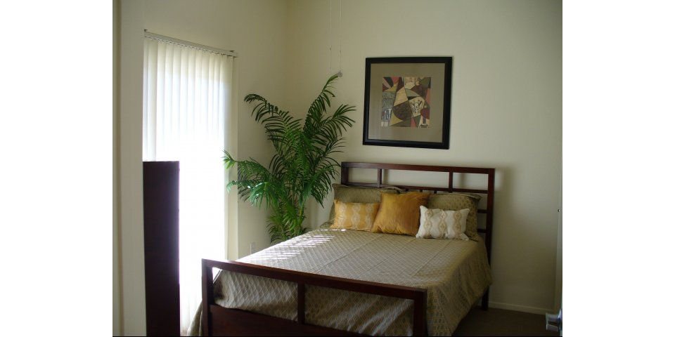 Bedroom featuring modern design and large windows at Raincross Senior Village Apartments