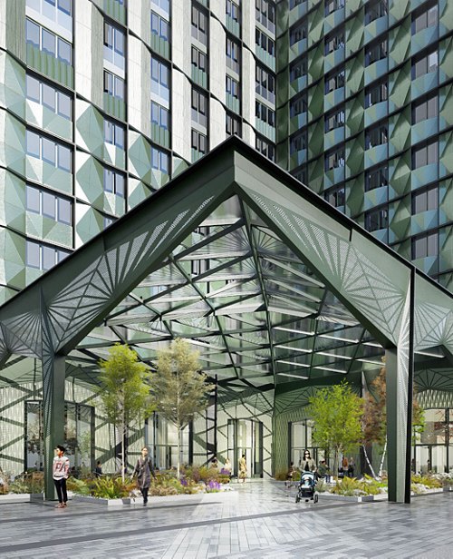 Glass-covered atrium with geometric patterns, lush greenery, and people walking, creating a modern urban oasis.