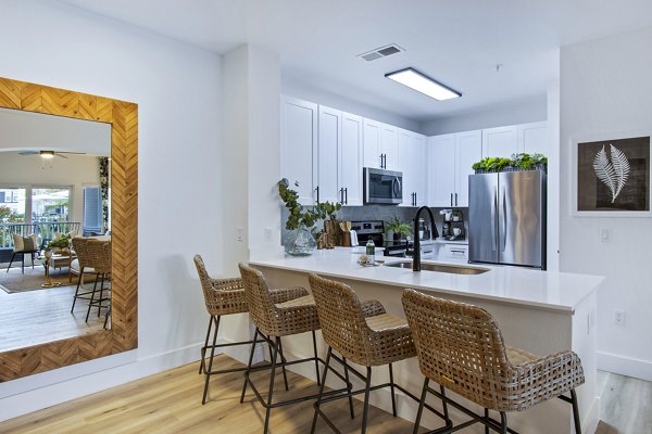 Modern kitchen with stainless steel appliances at 1000 West Apartments, offering luxury living in a prime urban location