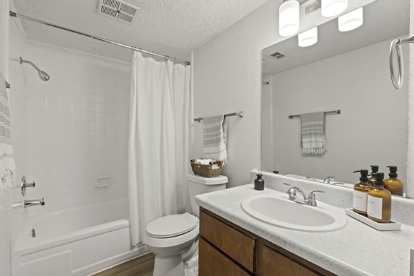 Luxurious bathroom with sleek fixtures and marble countertops at Coventry Park Apartments, ideal for relaxation and comfort