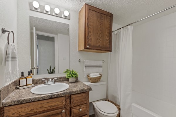 Luxury bathroom with modern fixtures at Cascades at Southern Hills Apartments