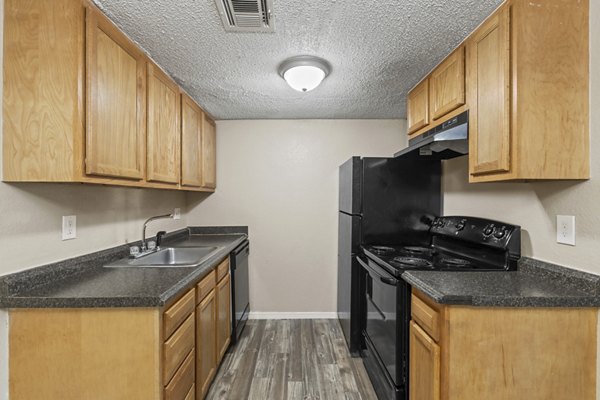 Modern kitchen featuring stainless steel appliances and granite countertops at Cascades at Southern Hills Apartments