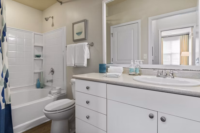 Modern bathroom with sleek fixtures at Oberlin Court Apartments, a Greystar luxury community