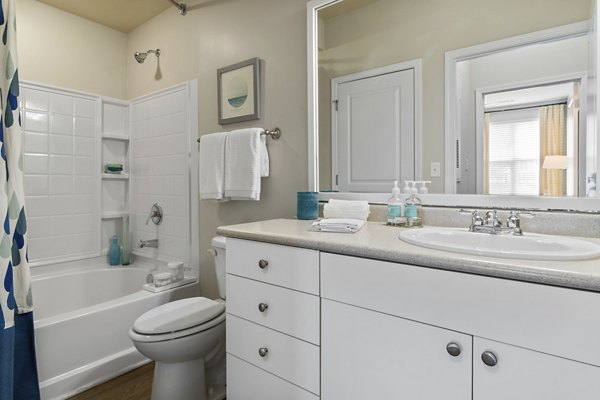 Modern bathroom with sleek fixtures at Oberlin Court Apartments, a Greystar luxury community