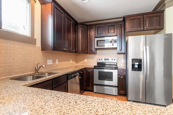 Modern kitchen with stainless steel appliances at Oberlin Court Apartments, featuring sleek countertops and ample cabinet space