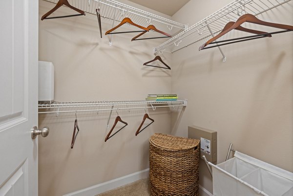 Built-in closet storage with sleek finishes in Artisan at Brightleaf Apartments