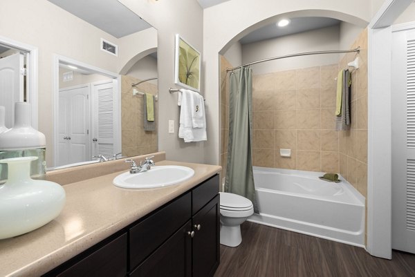 Brightleaf Apartments: Modern bathroom with elegant fixtures and ample lighting at Artisan