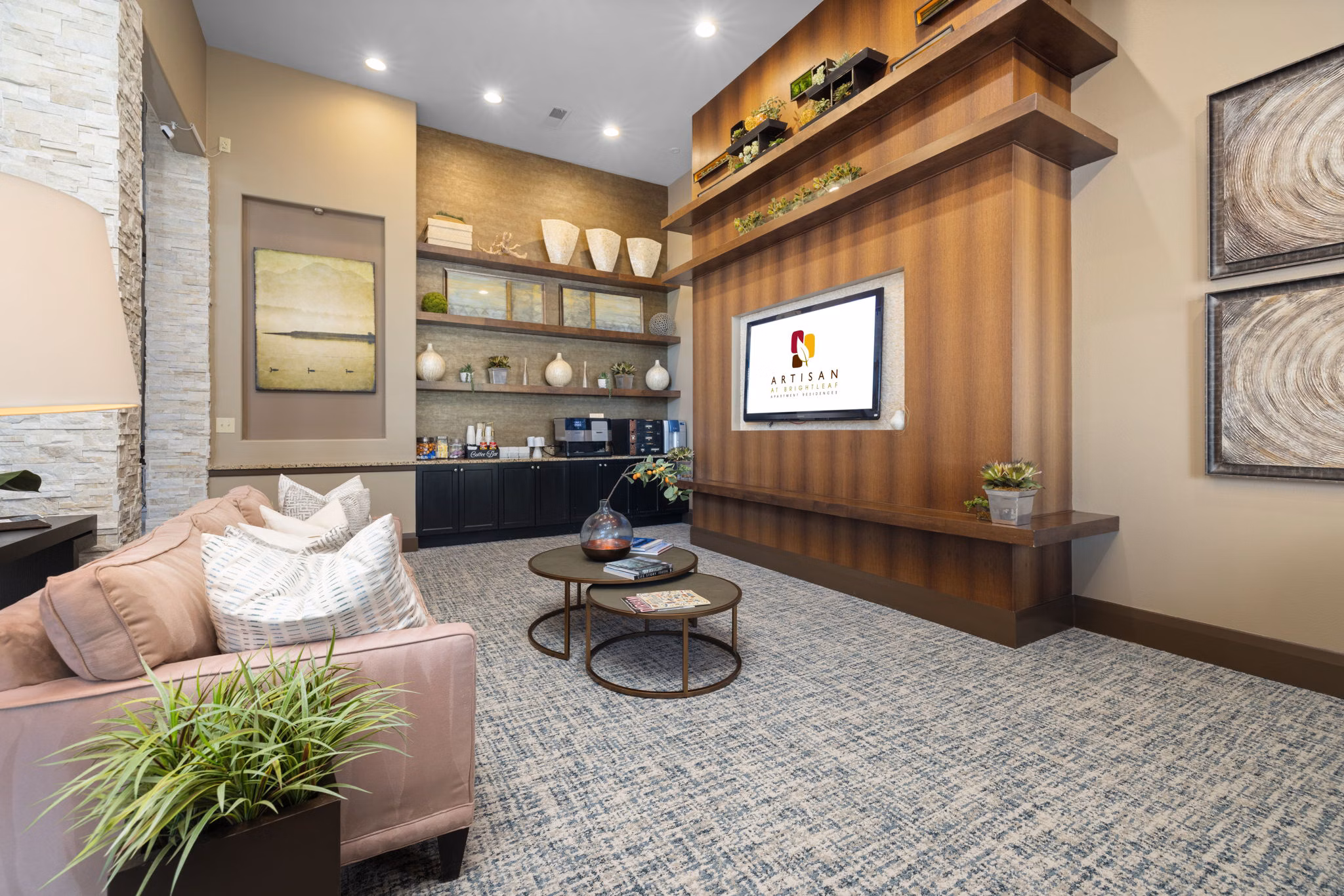 Lobby featuring modern seating and decor at Artisan at Brightleaf Apartments
