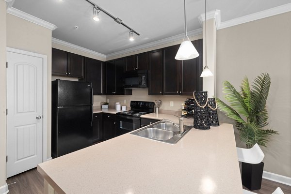 Modern kitchen with stainless steel appliances at Artisan at Brightleaf Apartments