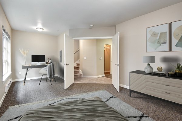 Cozy bedroom with modern decor at 1611 on Lake Union Apartments