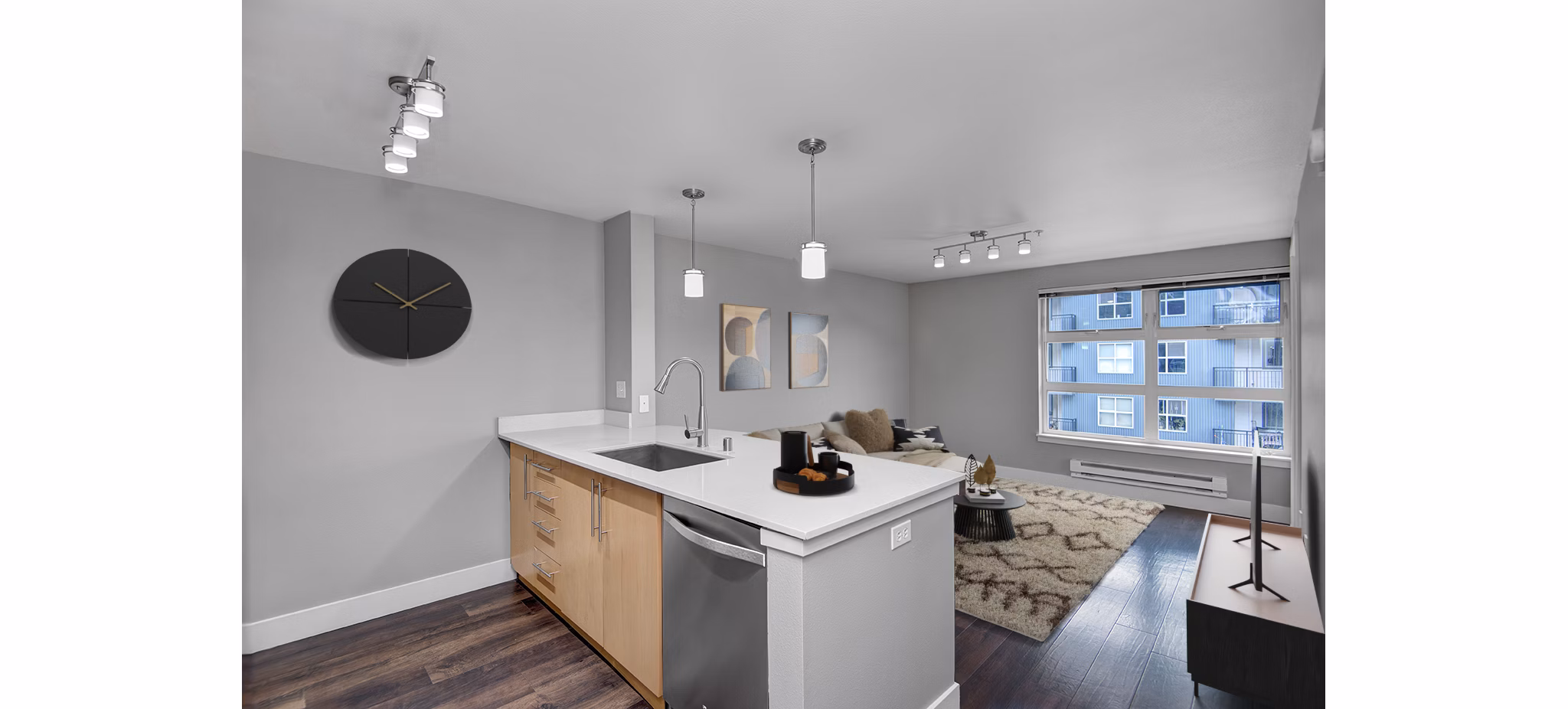 Modern kitchen featuring stainless steel appliances at 1611 on Lake Union Apartments
